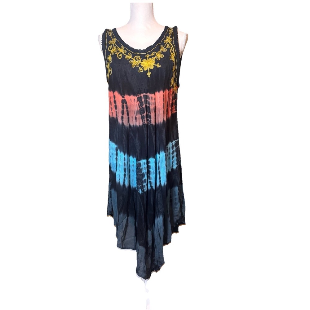 True Rock Dress Womens Free Size Boho Tie‎ Dye Embroidered Black Midi